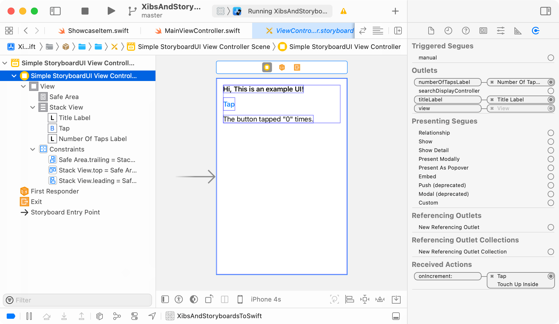 The structure of the simple Storyboard file with UIViewController.